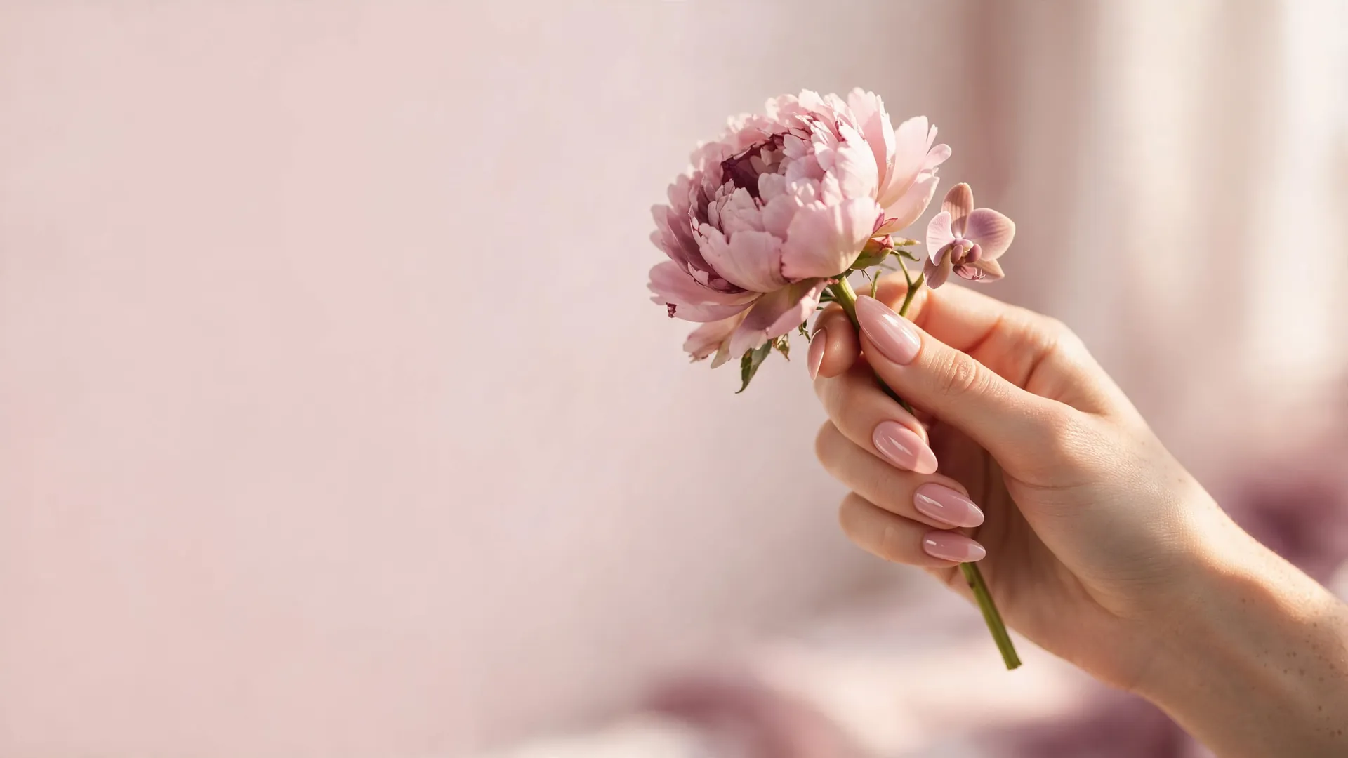 Almond nails holding a blush peony