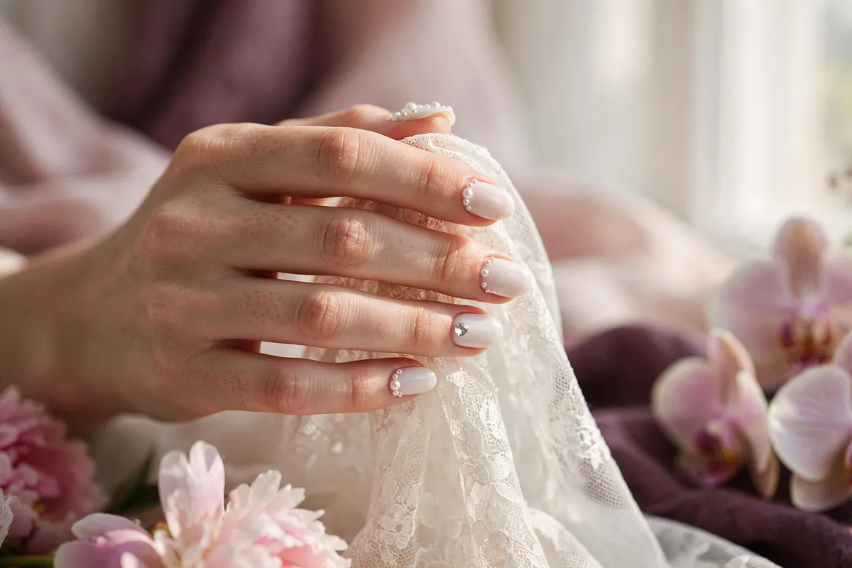 Pearls and crystals on bridal nails